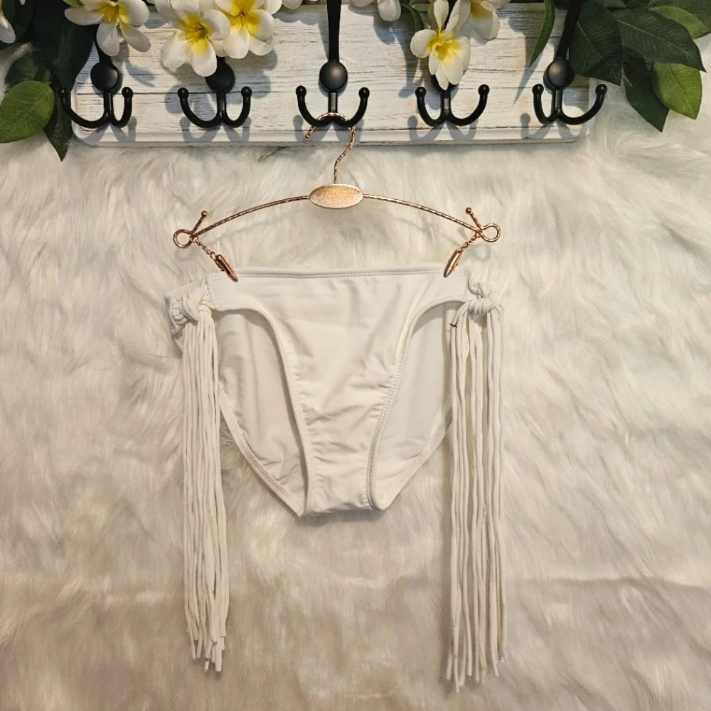 OP Dove White Fringe Tie Bikini Bottoms